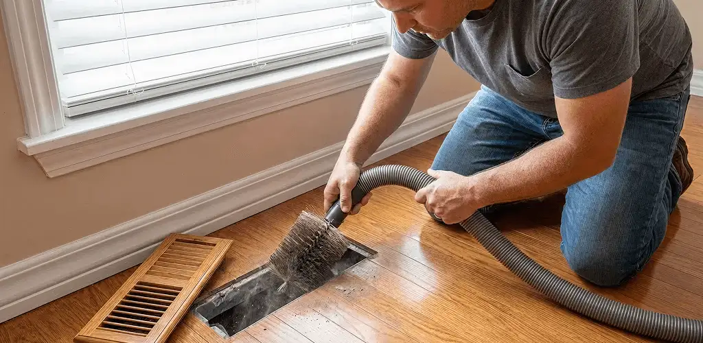 Air duct cleaning technician vacuuming a floor vent and duct opening in Overland Park, KS