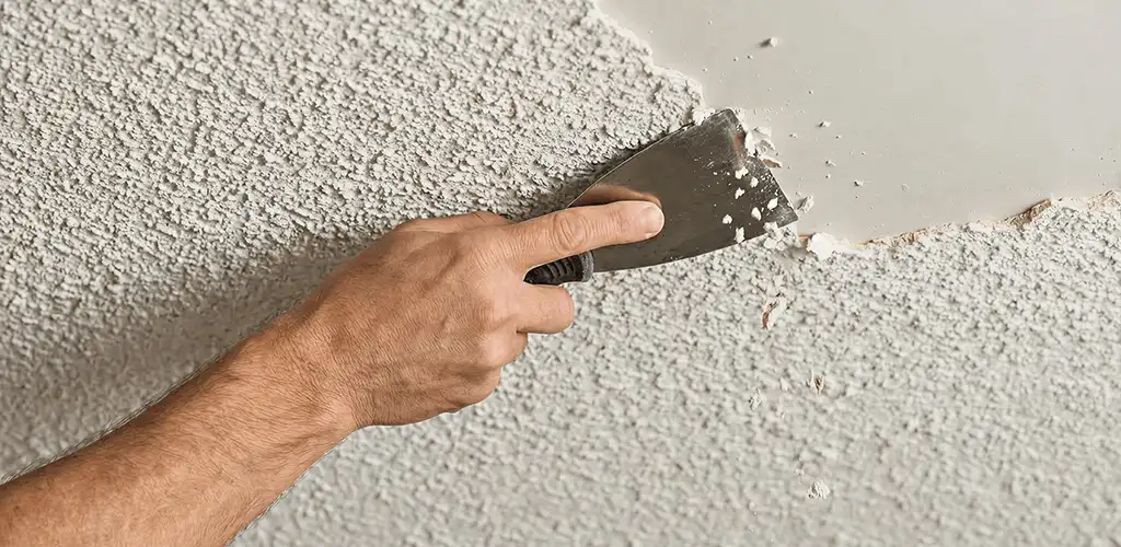 Popcorn ceiling removal scraping off textured ceiling finish in Overland Park, KS