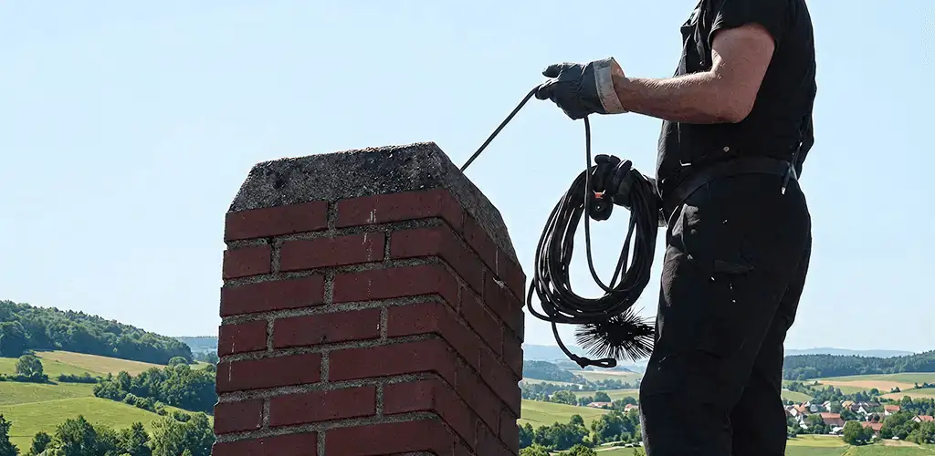 Chimney sweep inspecting and cleaning a rooftop chimney in Overland Park, KS