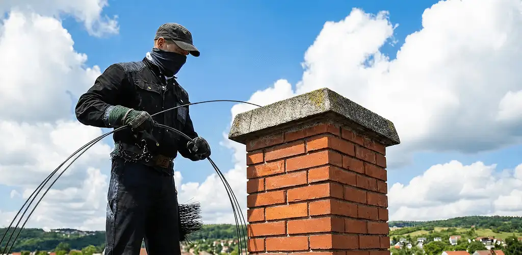 Chimney sweep cleaning a brick chimney with professional tools in Overland Park, KS