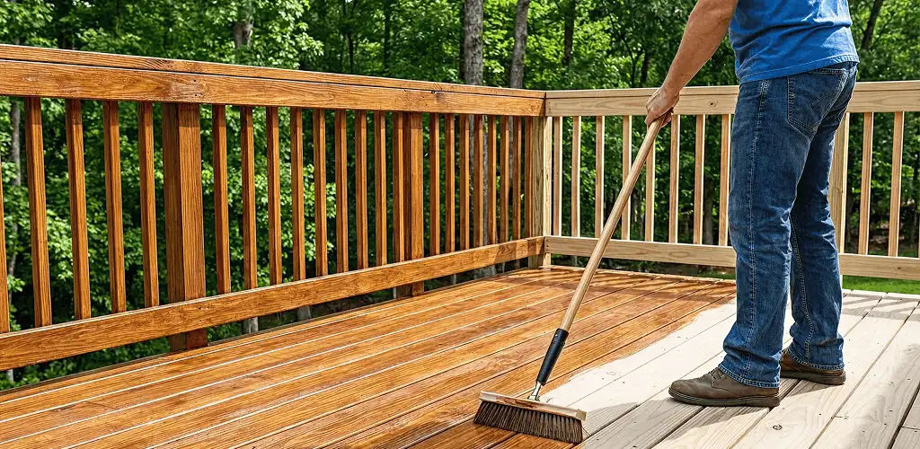 Deck staining and sealing application on a wood deck in Overland Park, KS