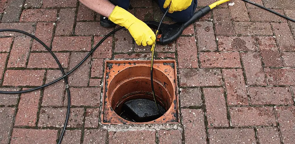 Drain cleaning technician using a drain snake to clear a clogged drain in Overland Park, KS