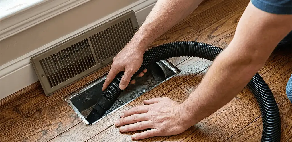 Air duct cleaning technician vacuuming a floor register and duct opening in Overland Park, KS