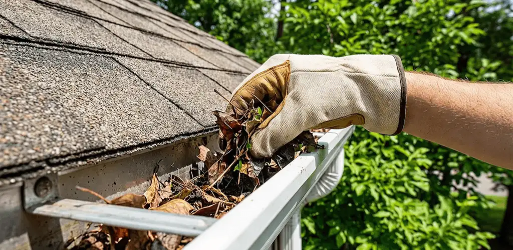 Gutter cleaning removing leaves and debris from roof gutters in Overland Park, KS