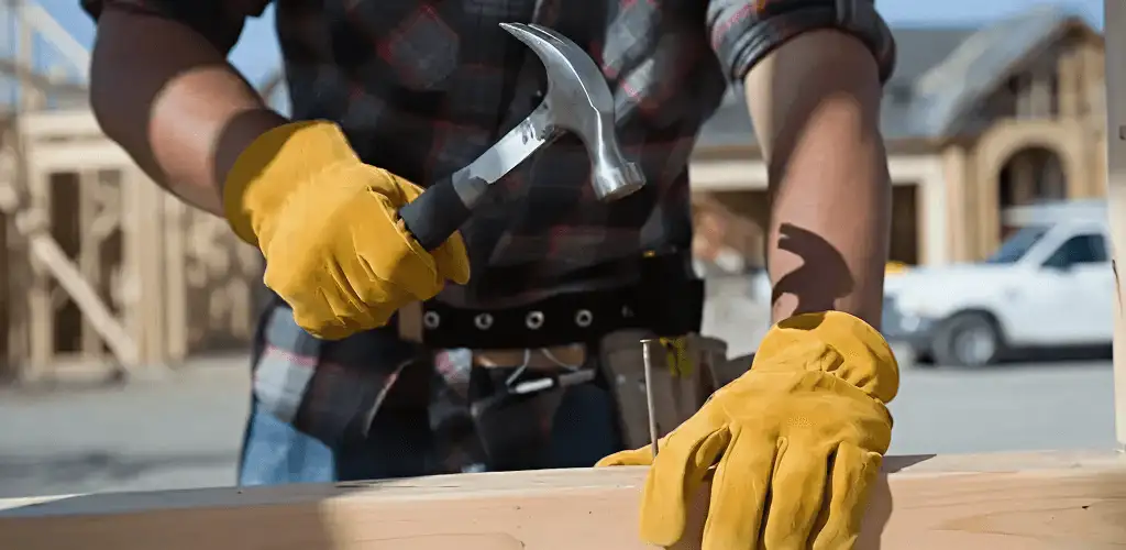 Handyman fixing wood trim with a hammer for home repairs in Overland Park, KS