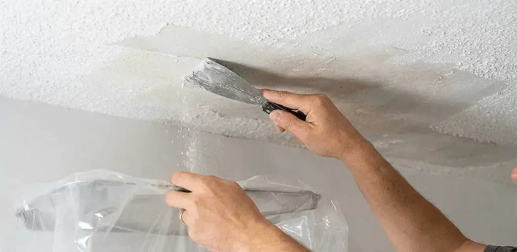 Popcorn ceiling removal technician scraping texture from a ceiling in Overland Park, KS