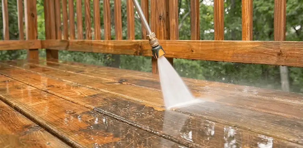 Pressure washing a wood deck to remove dirt and buildup in Overland Park, KS