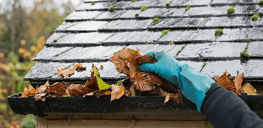 Gutter cleaning technician clearing wet leaves from roof gutters in Overland Park, KS
