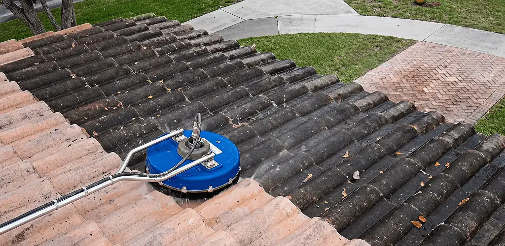 Roof pressure cleaning removing debris and buildup from roof tiles in Overland Park, KS