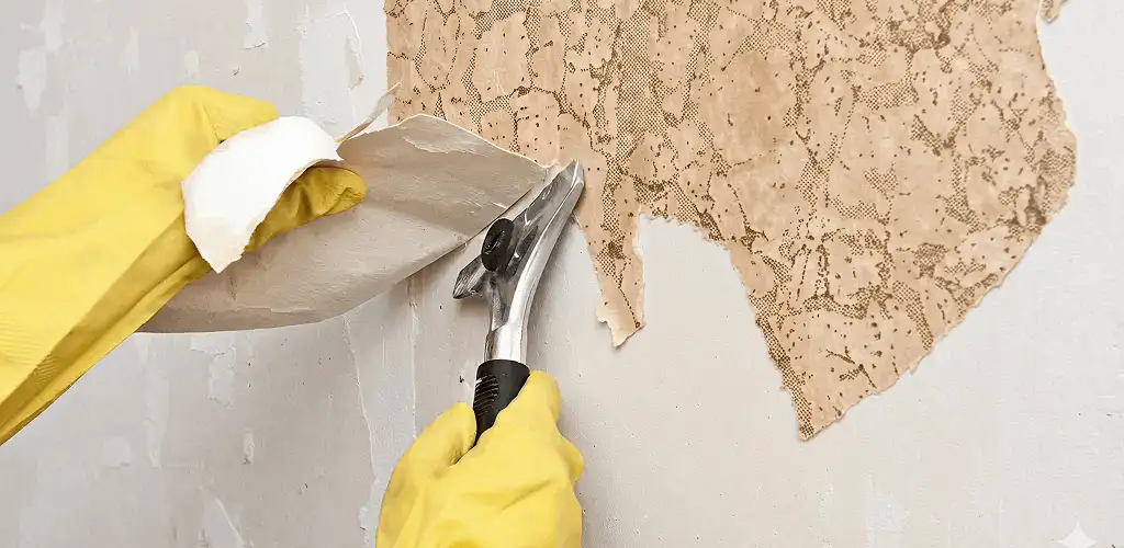 Wallpaper removal service stripping old wallpaper from a wall in Overland Park, KS