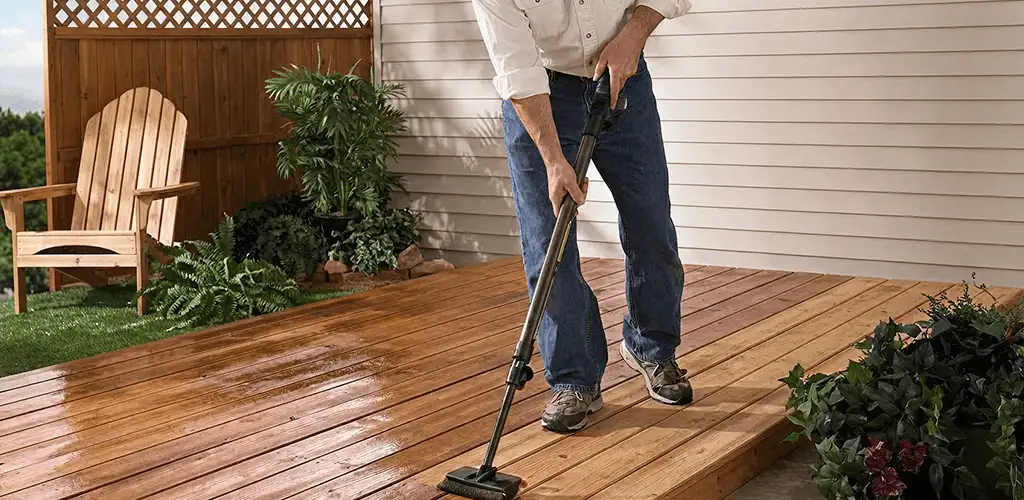 Deck staining service applying stain to a backyard wood deck in Overland Park, KS